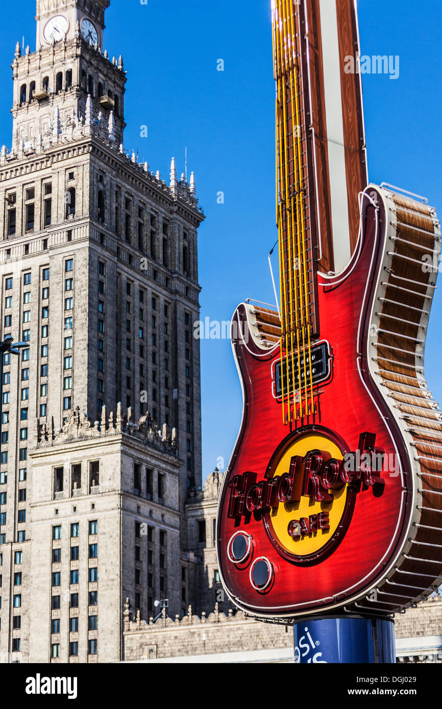 The Palace of Culture and Science and the Hard Rock Cafe guitar at Zlote Tarasy in Warsaw. Stock Photo
