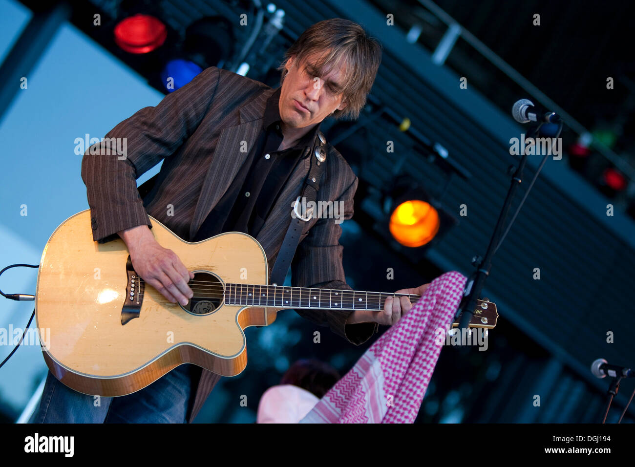 Peter Sarach, singer and frontman of the German band Cowboys on Dope performing live at the Blue Balls Festival, Plaza in front Stock Photo