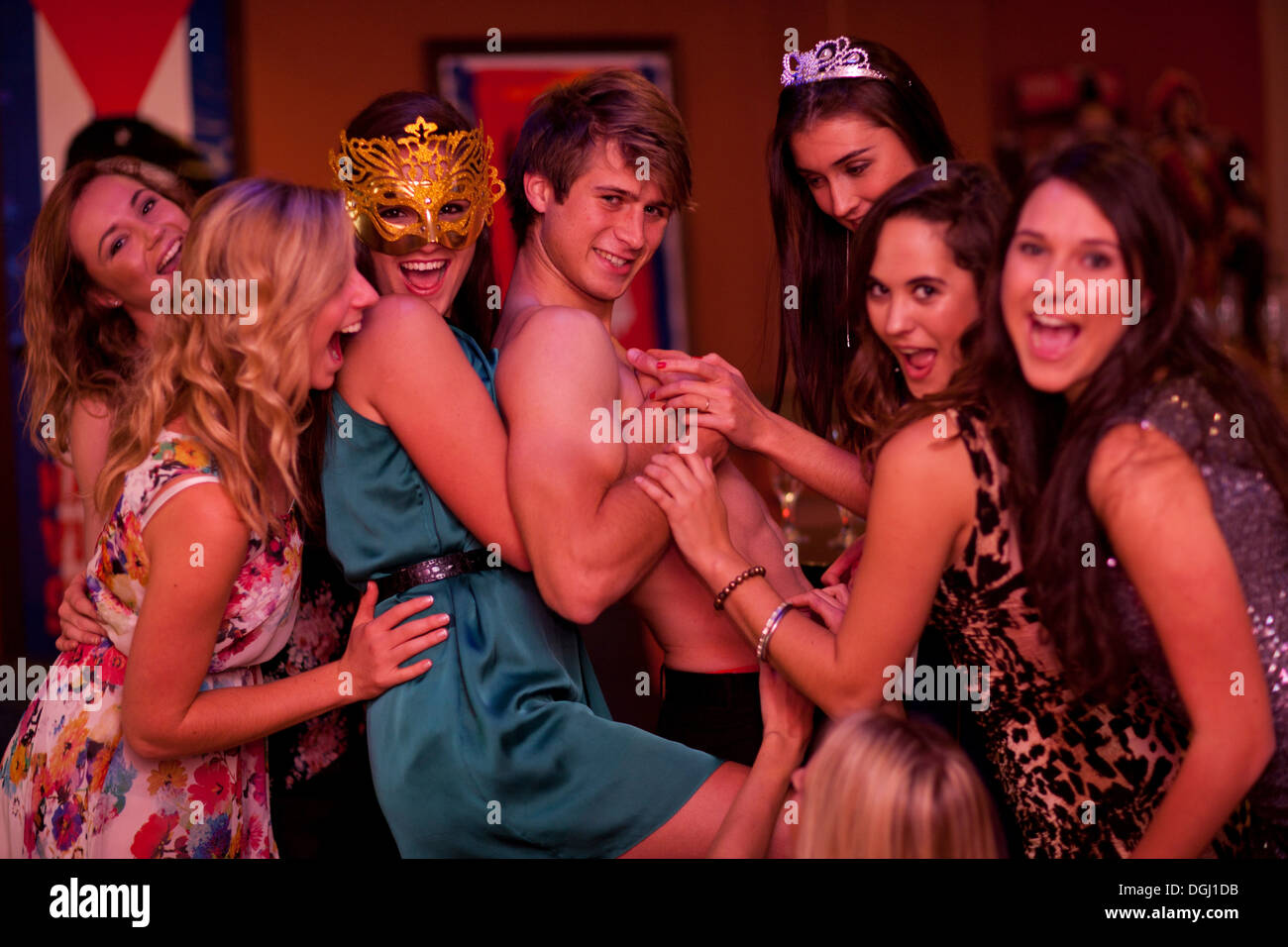 Young Women At Hen Party With Male Stripper Stock Photo Alamy