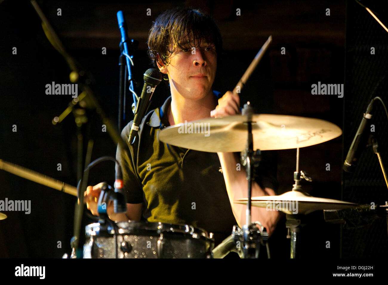 Drummer of the Belgian pop band The Pop live at the Schueuer venue, Lucerne, Switzerland Stock Photo