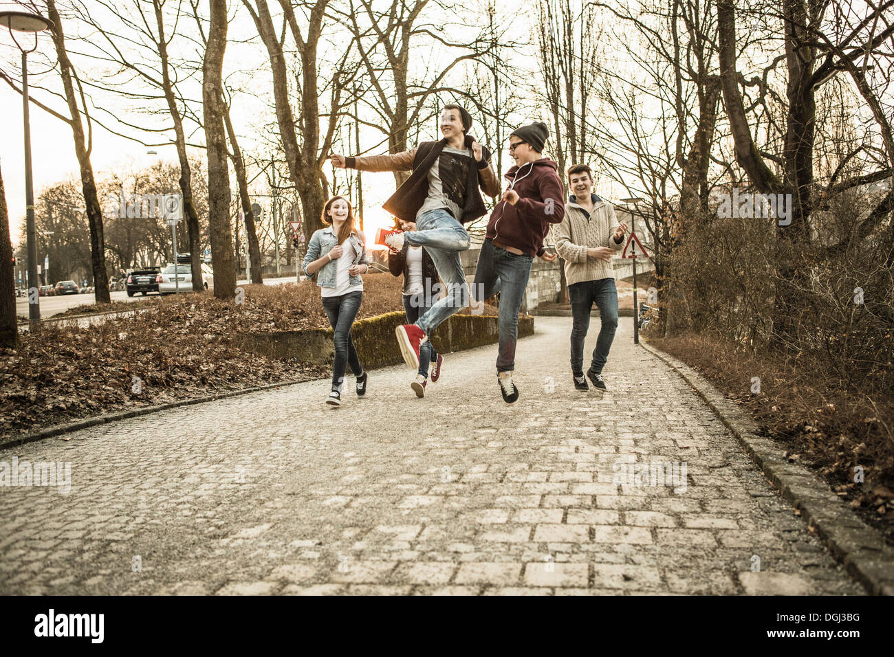 Five teenagers fooling around in park Stock Photo
