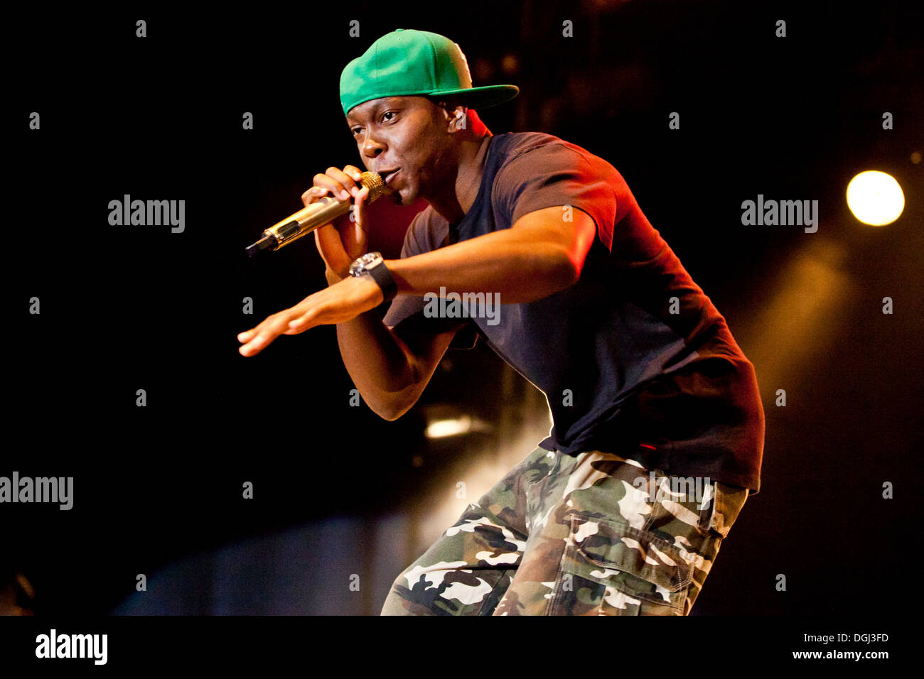 British hip-hop musician Dizzee Rascal singing live at the Heitere Open Air music festival in Zofingen, Switzerland, Europe Stock Photo