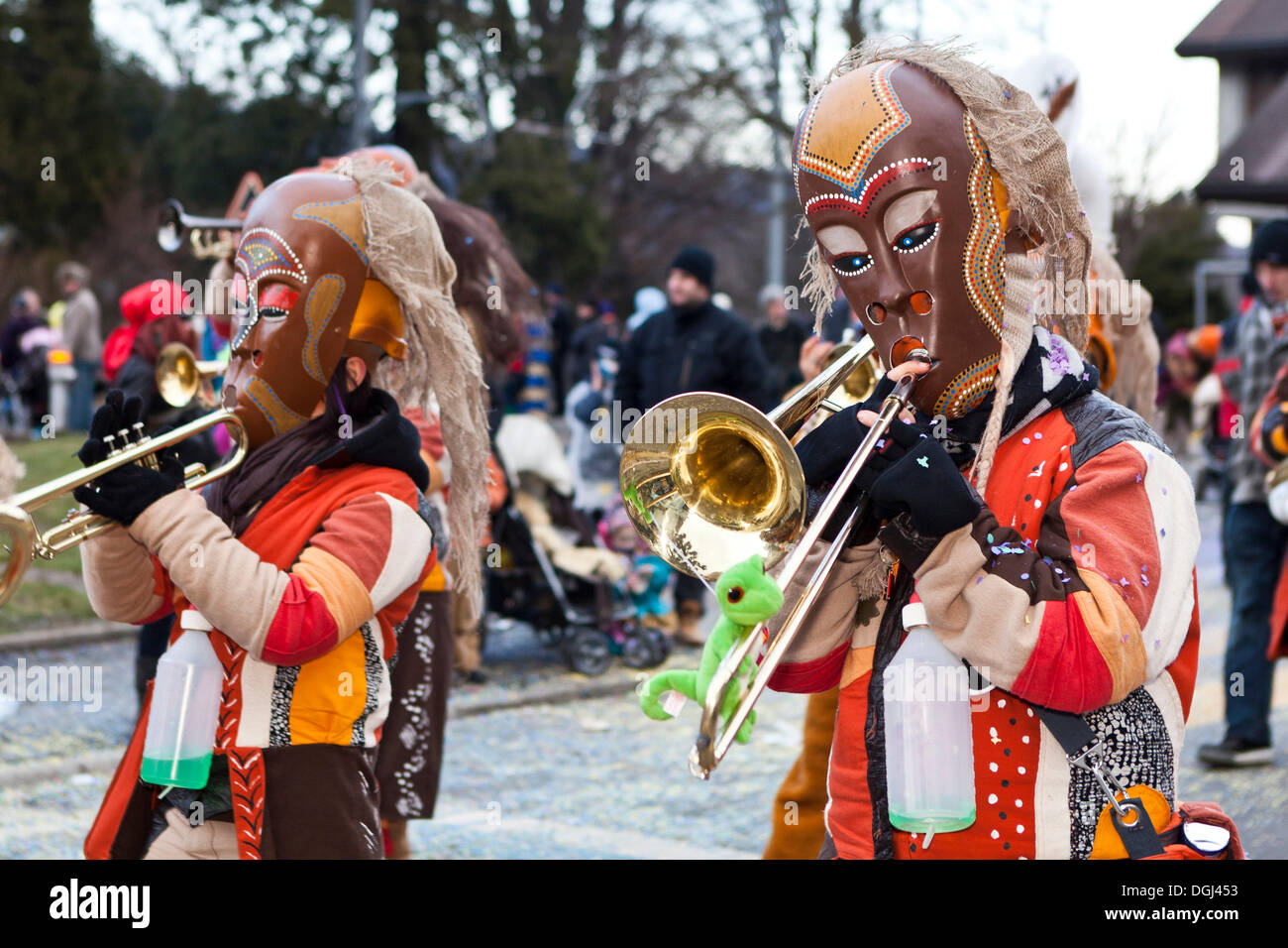 Guggen music band dressed up as indigenous Australians, Aborigines, 35th Motteri-Umzug parade in Malters, Lucerne, Switzerland Stock Photo