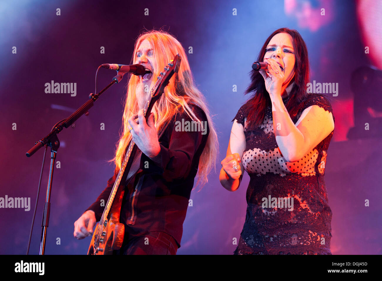 Bass player Marco Hietala and singer Anette Olzon from the Finnish symphonic metal band Nightwish performing live at the Stock Photo