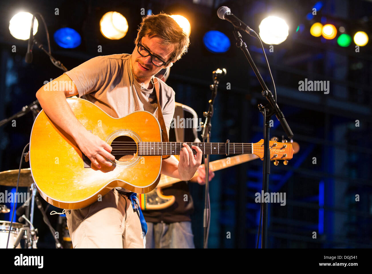 The Swiss singer and songwriter Micha Sportelli live in front of the KKL Plaza at the Blue Balls Festival in Lucerne Stock Photo