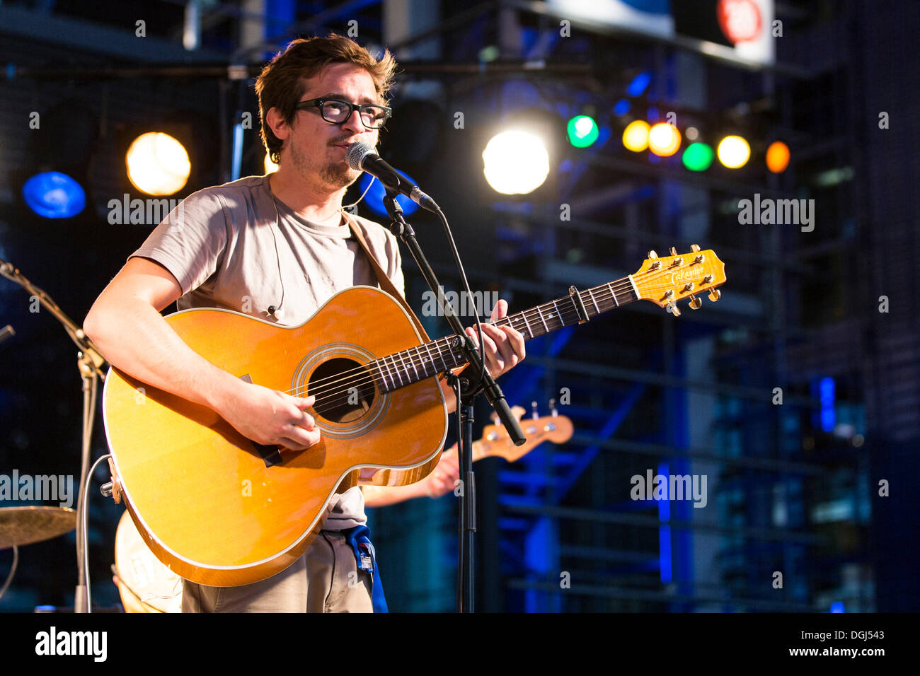 The Swiss singer and songwriter Micha Sportelli live in front of the KKL Plaza at the Blue Balls Festival in Lucerne Stock Photo