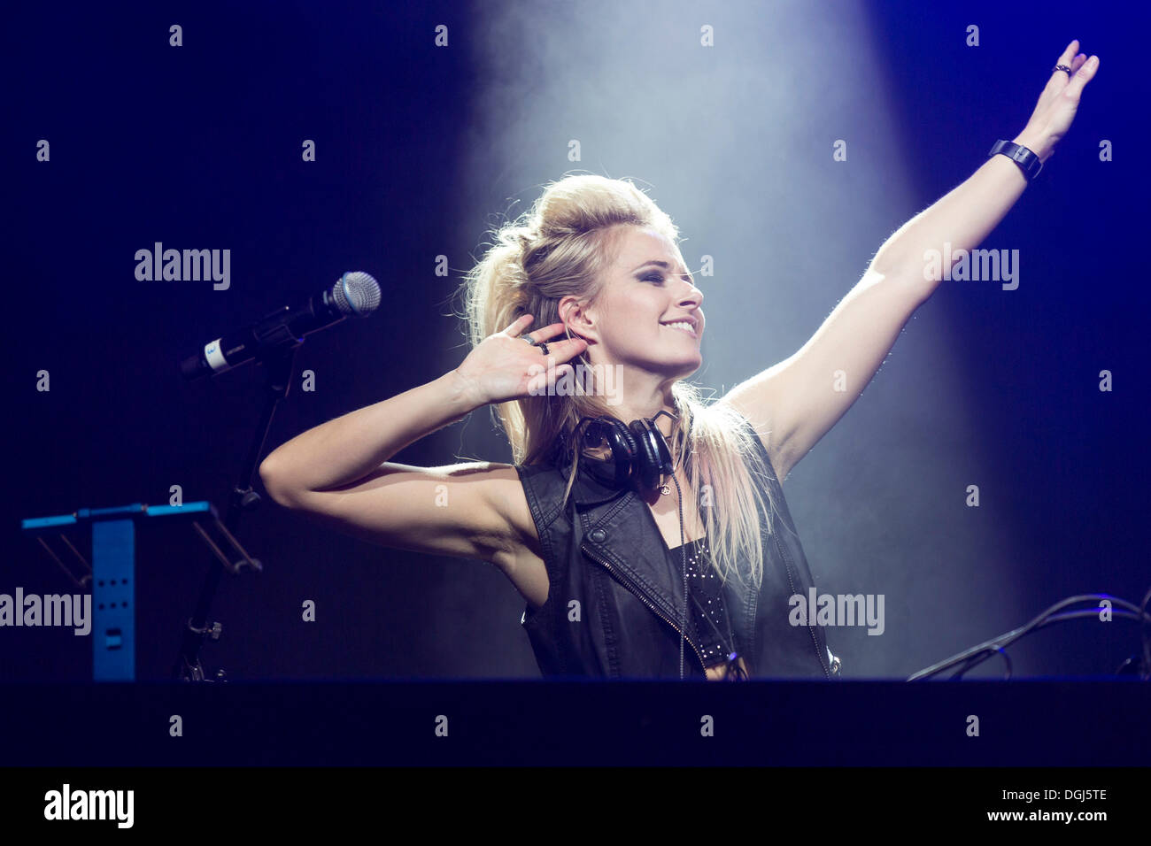 British DJ Krystal Roxx, the official DJ of the British R&B singer-songwriter Taio Cruz, performing live at Heitere Open Air in Stock Photo