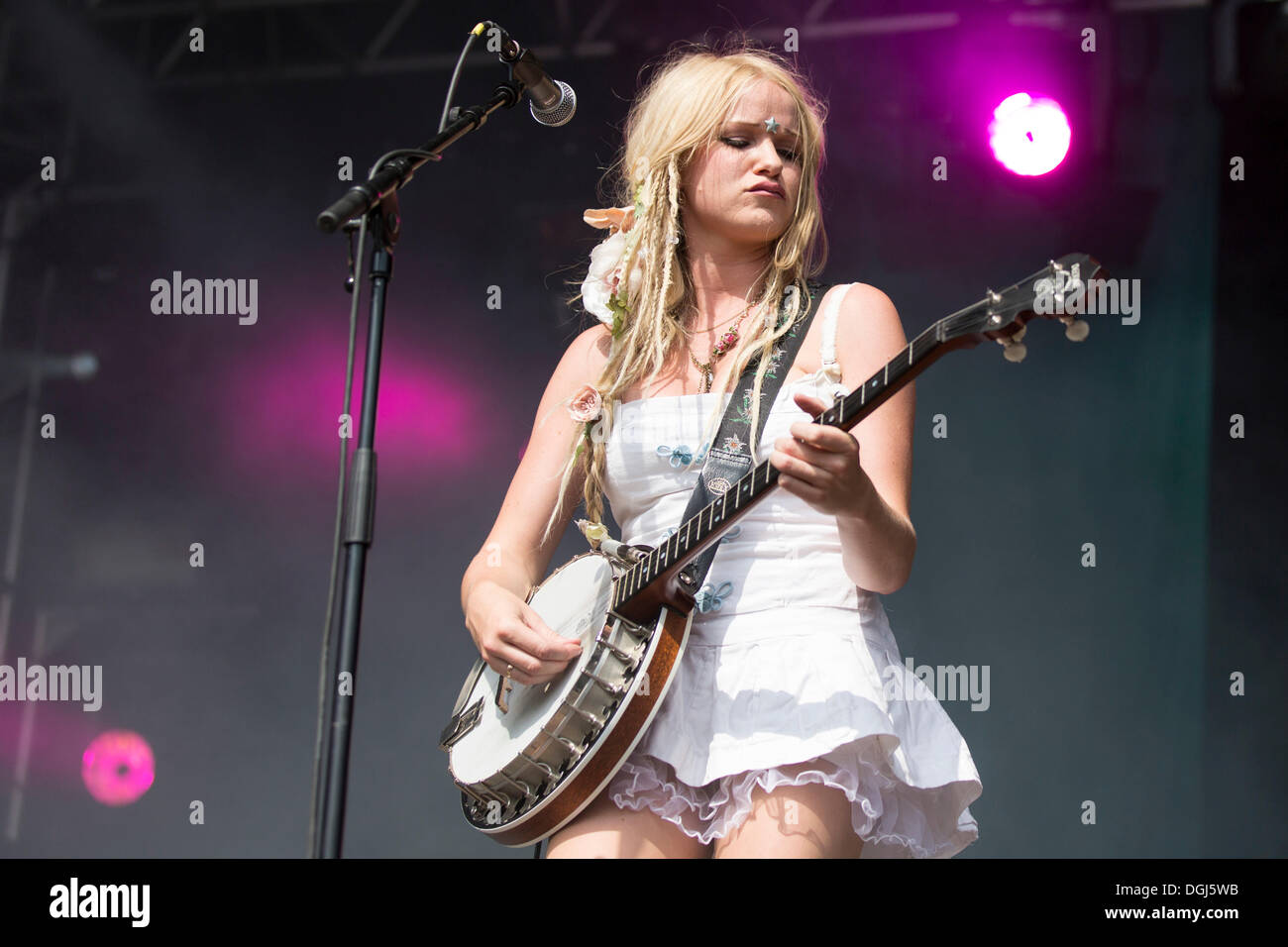 Solveig Heilo with a banjo from the Norwegian girl band Katzenjammer performing live at Heitere Open Air in Zofingen, Aargau Stock Photo