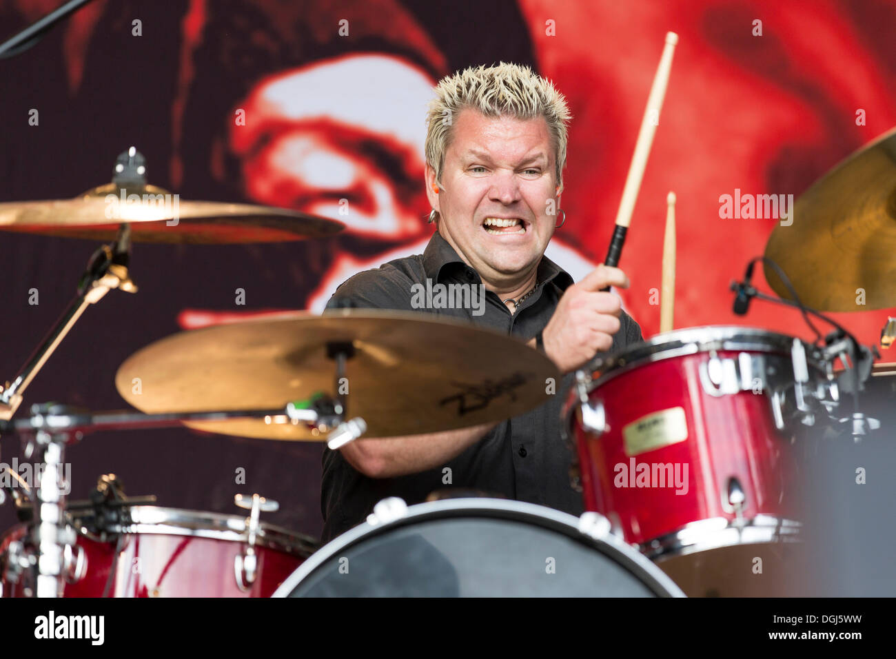Drummer Pat Thetic from the U.S. political punk band Anti-Flag performing live at Heitere Open Air in Zofingen, Aargau Stock Photo