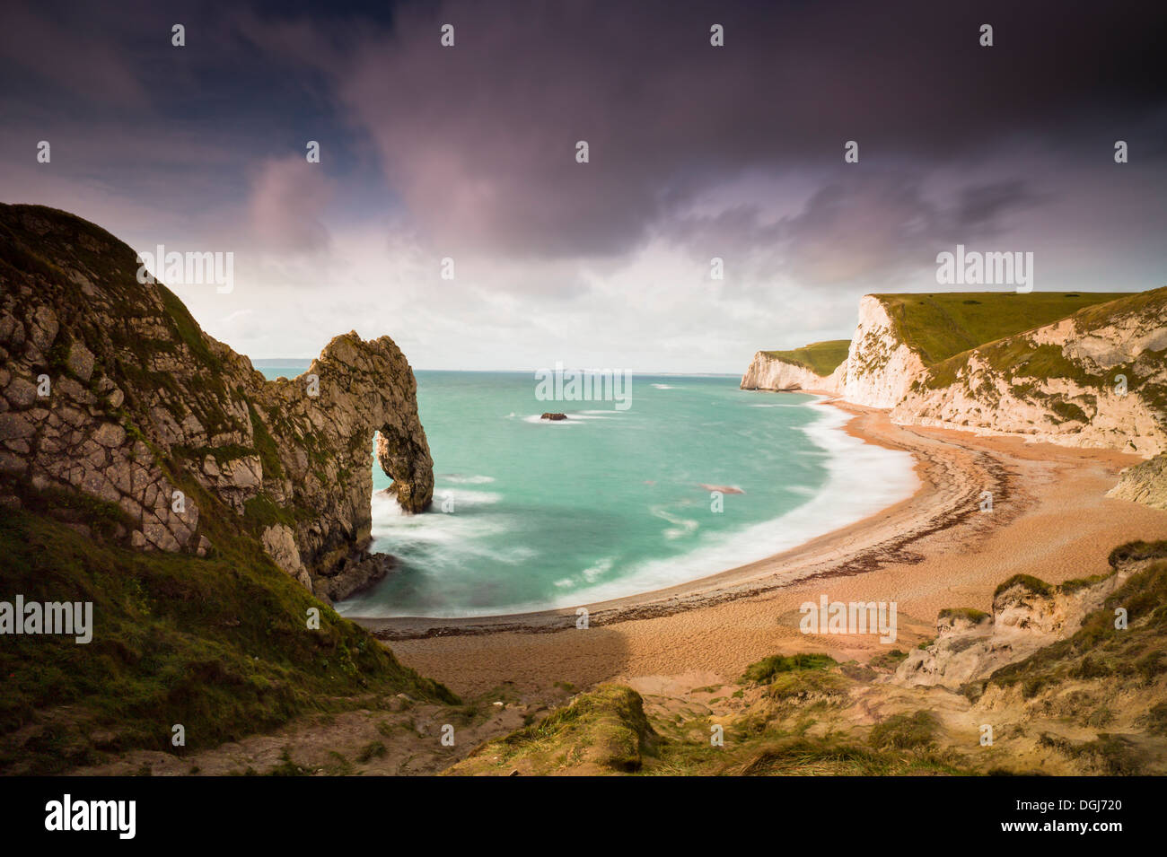 A view toward Durdle Door in Dorset. Stock Photo