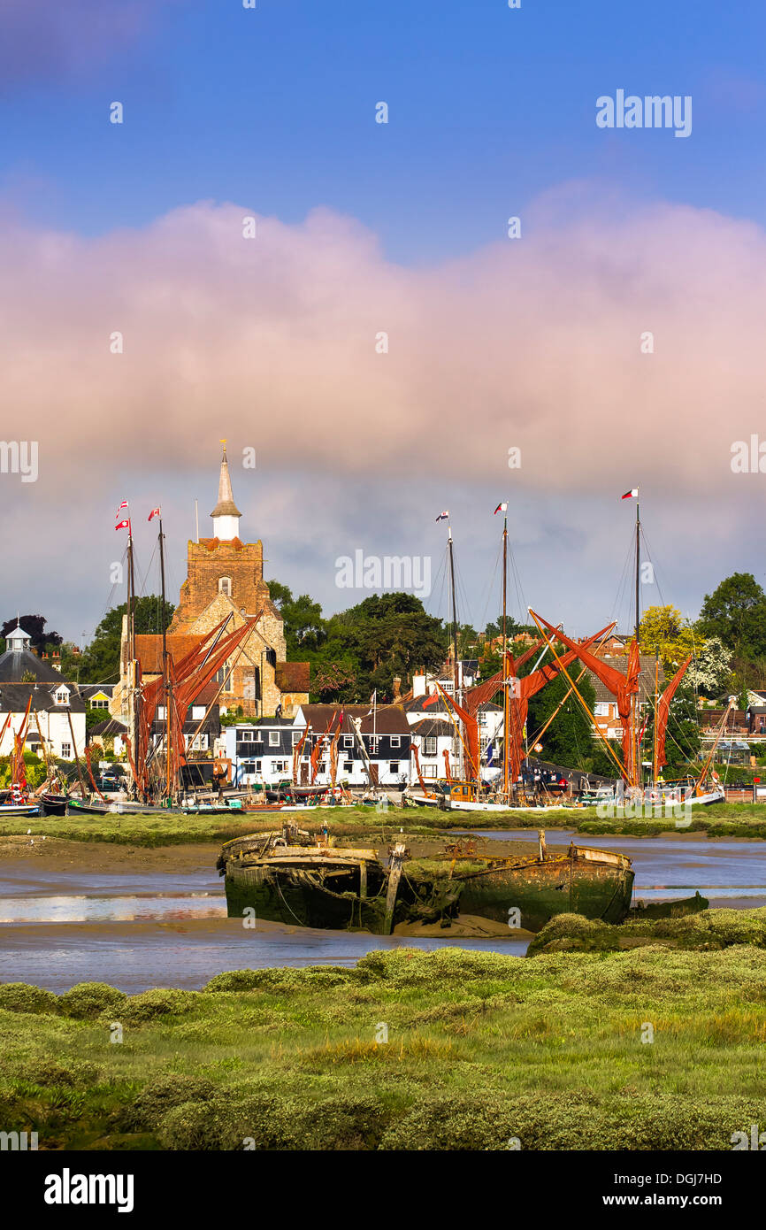 View of Maldon in Essex with several Thames sailing barges at the quay