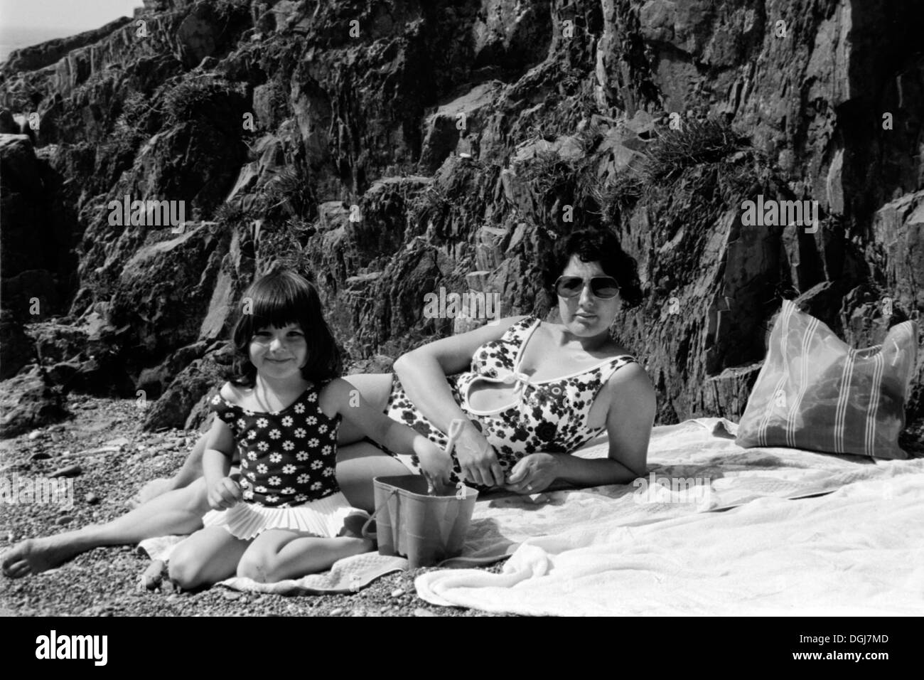 typical british family holiday beach scene at manorbier wales uk during the 1970s Stock Photo