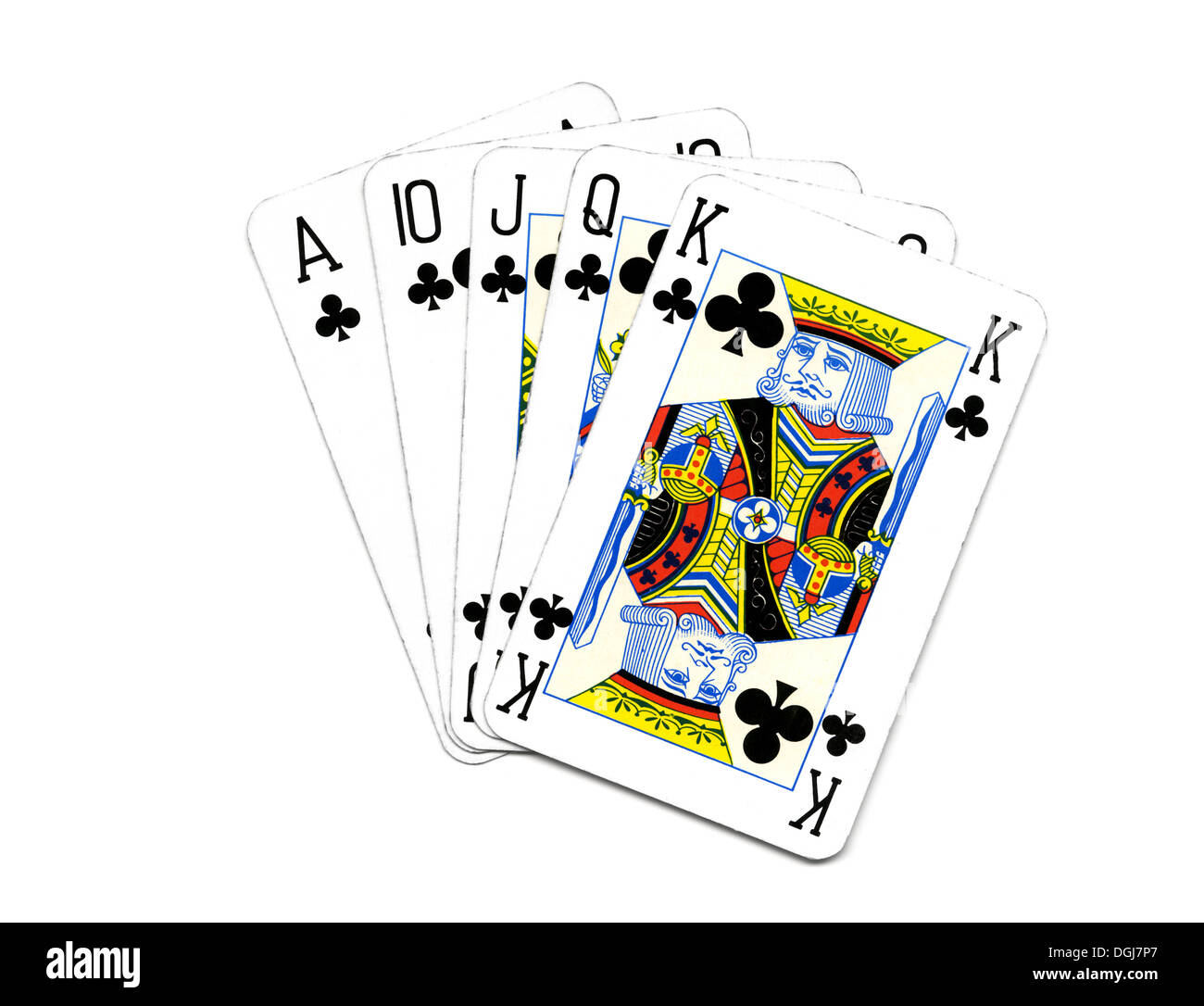Playing Cards Arranged as Royal Flush in Clubs Stock Photo