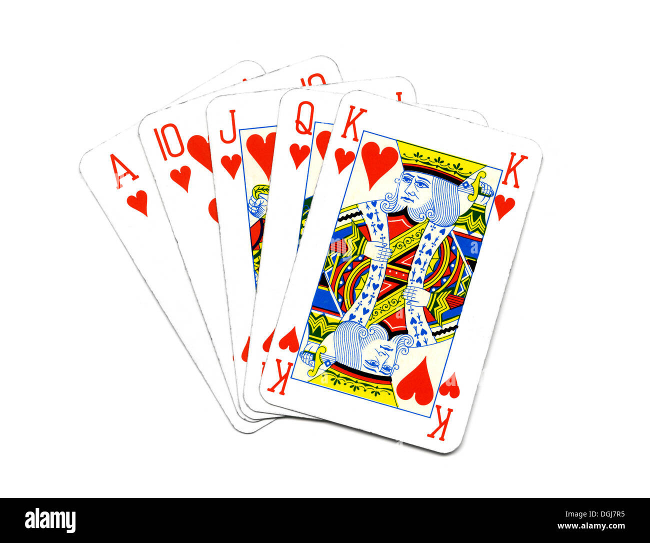 Playing Cards Arranged as Royal Flush in Hearts Stock Photo