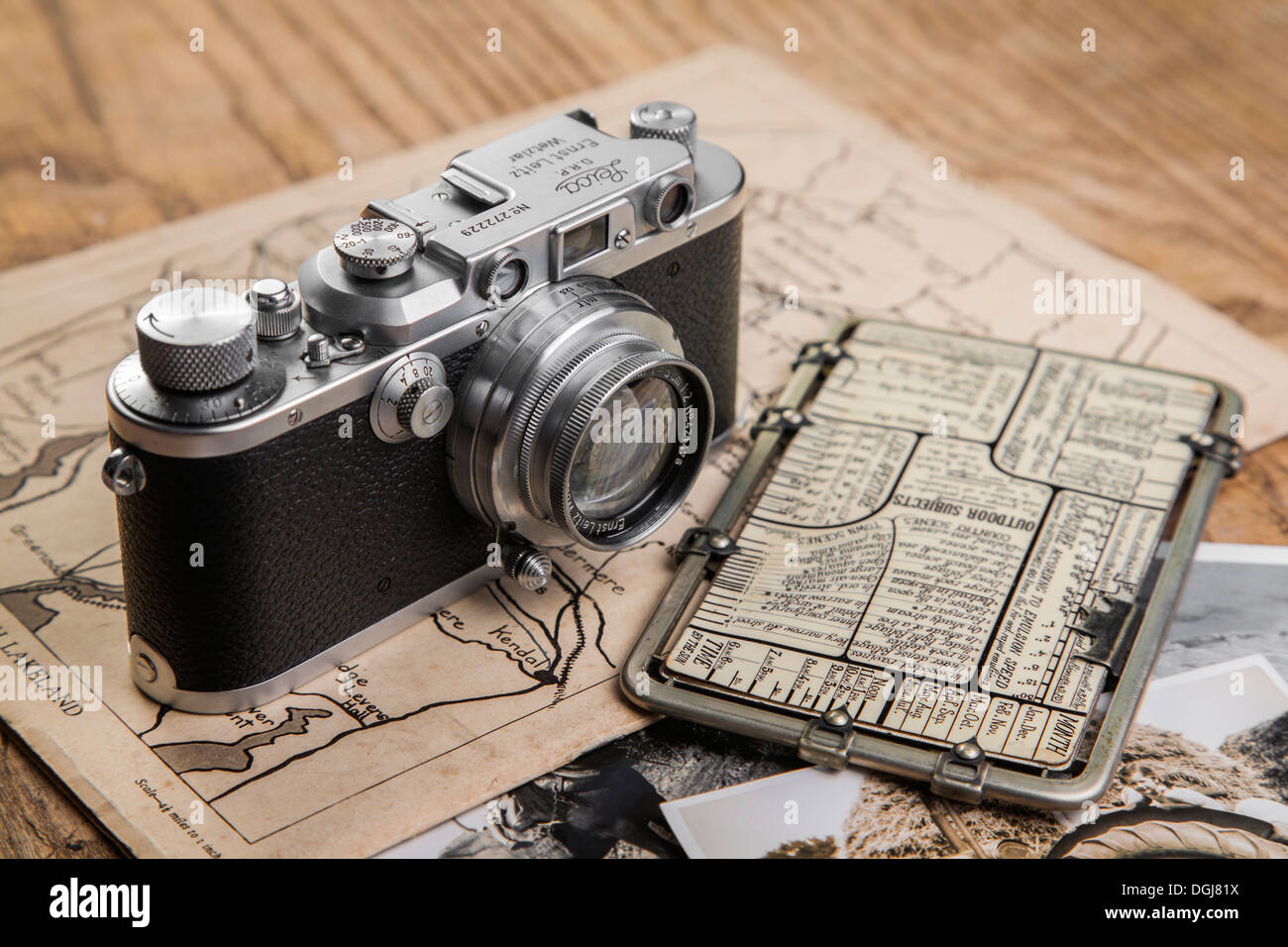 Vintage Leica camera and Kaufmann Posographe. Stock Photo