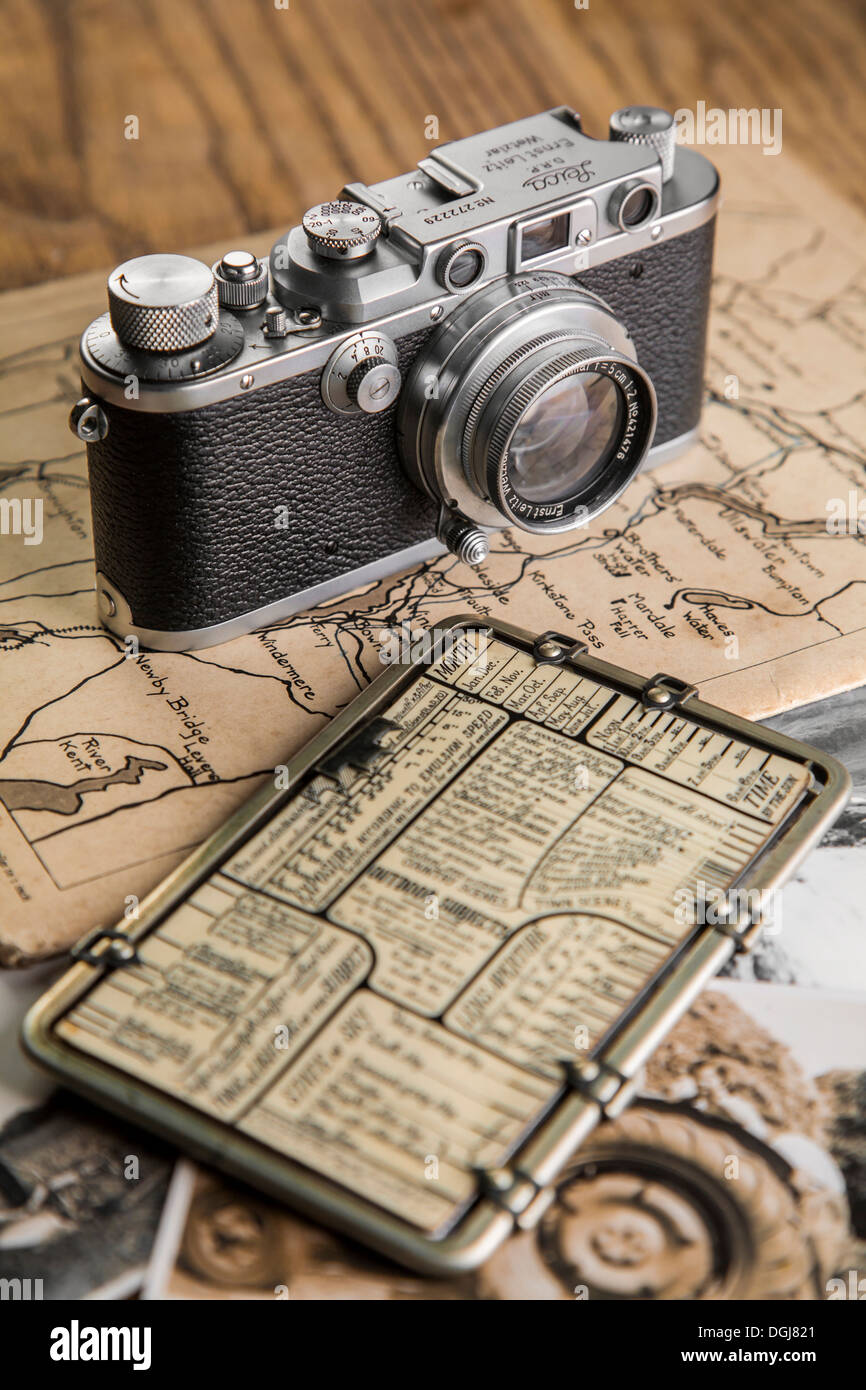 Vintage Leica camera and Kaufmann Posographe. Stock Photo