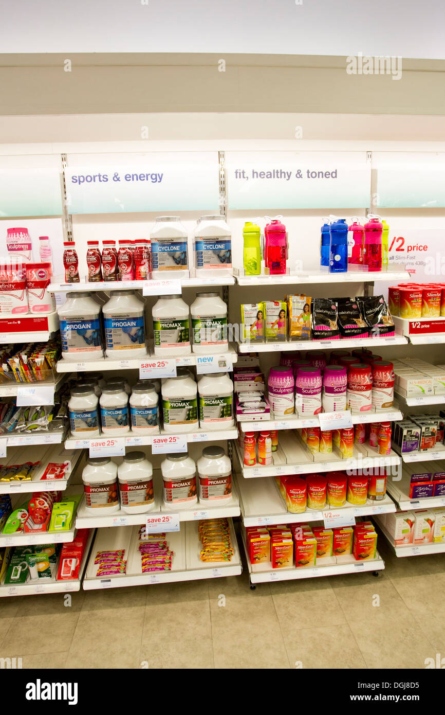 Boots the Chemist sports & energy and weight loss products on display Stock  Photo - Alamy