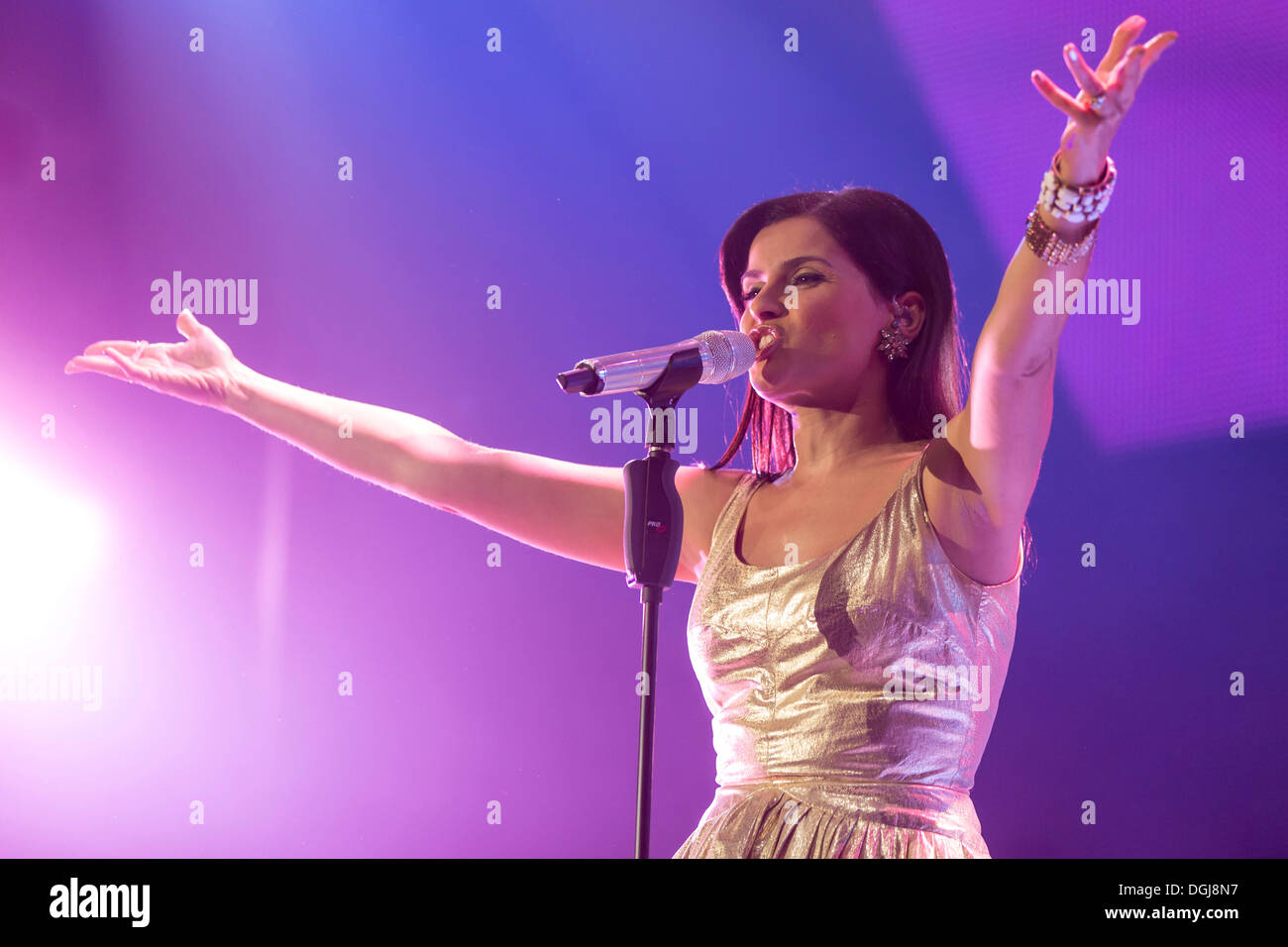 The Portuguese-Canadian singer Nelly Furtado performing live at Energy Stars For Free event, Hallenstadion Zuerich hall, Zurich Stock Photo