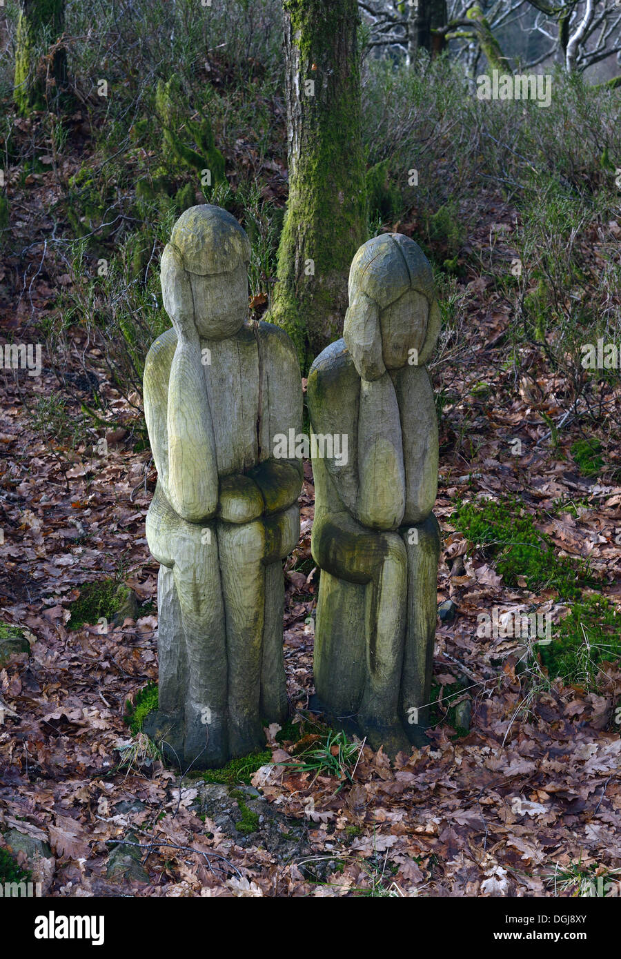 'The Guardians', outdooor sculpture by Robert Koenig, 1981. Grizedale Forest Park, Cumbria, England, United Kingdom, Europe. Stock Photo