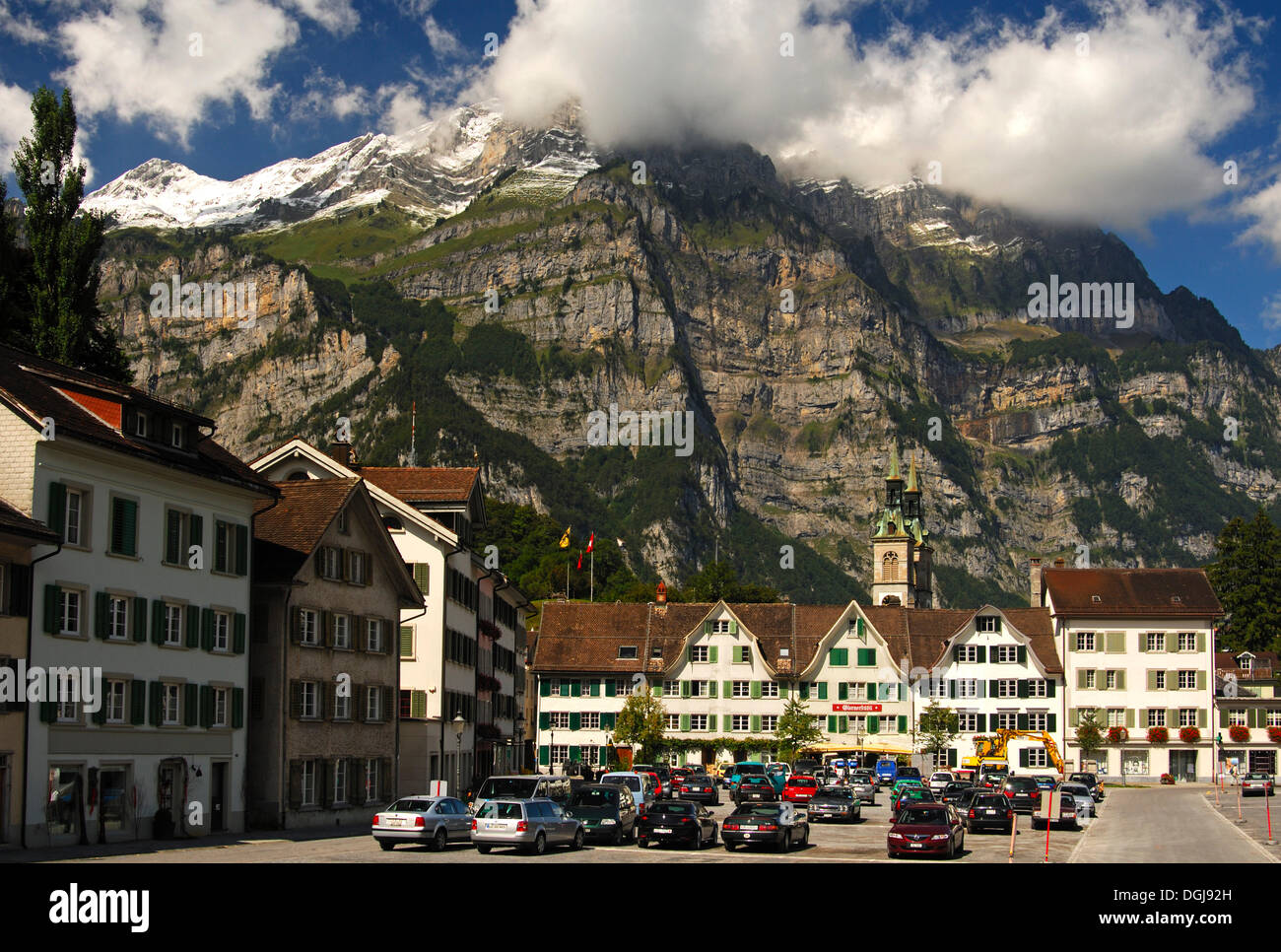 Landsgemeindeplatz, town square, in front of the Glarus Alps, Switzerland, Europe Stock Photo