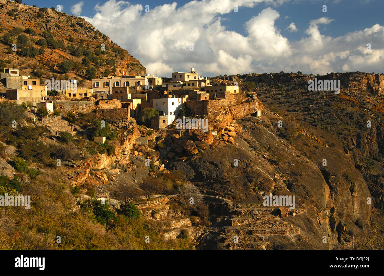 The village of Al Aqor on the upper level of the Saiq Plateau, Jebel al Alkhdar, Al Hajar Mountains, Sultanate of Oman Stock Photo