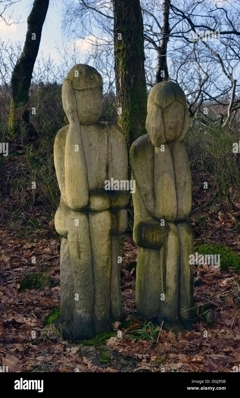 'The Guardians', outdooor sculpture by Robert Koenig, 1981. Grizedale Forest Park, Cumbria, England, United Kingdom, Europe. Stock Photo