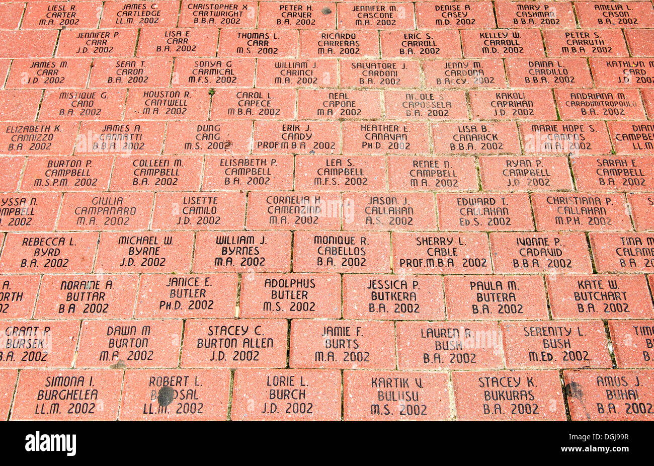 Tiles of a sidewalk with the names of graduates of the George Washington University in the district of Foggy Bottom, Washington Stock Photo