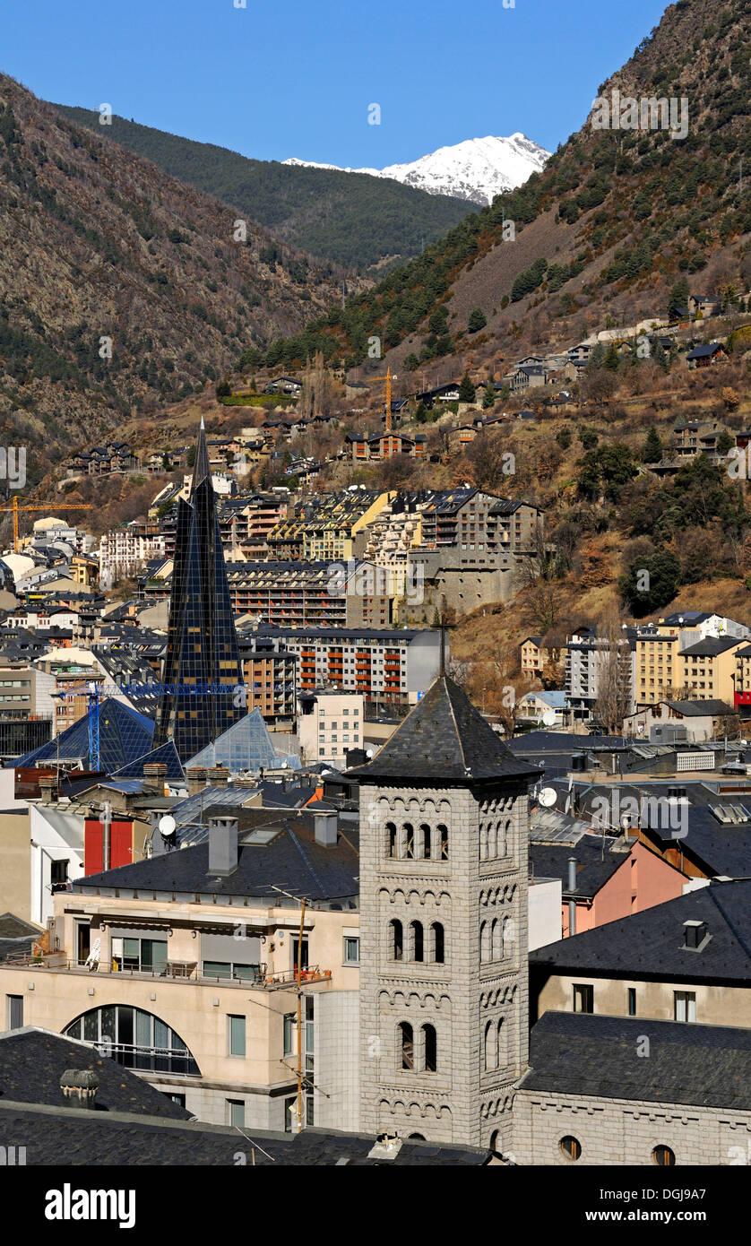 View over Escaldes-Engordany with the Church of San Pedro Martir in the foreground, Andorra La Vella, Andorra, Europe Stock Photo