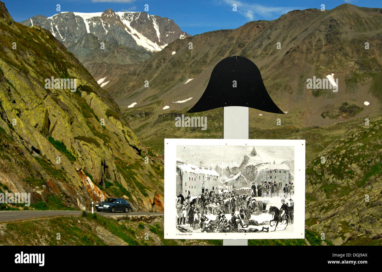 Picture plaque with historical scenes of Napoleon crossing the alps, above a Napoleon hat or bicorne, on the road to the Great Stock Photo