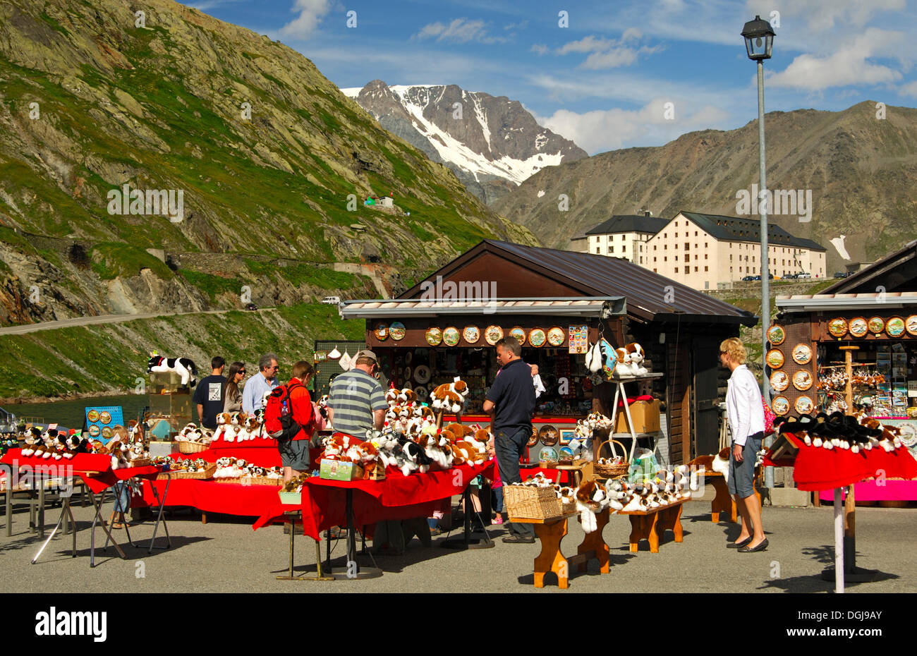 Souvenir stands with St. Bernard dogs soft toys, Italian side of the Great St. Bernard Pass, Italy, Europe Stock Photo