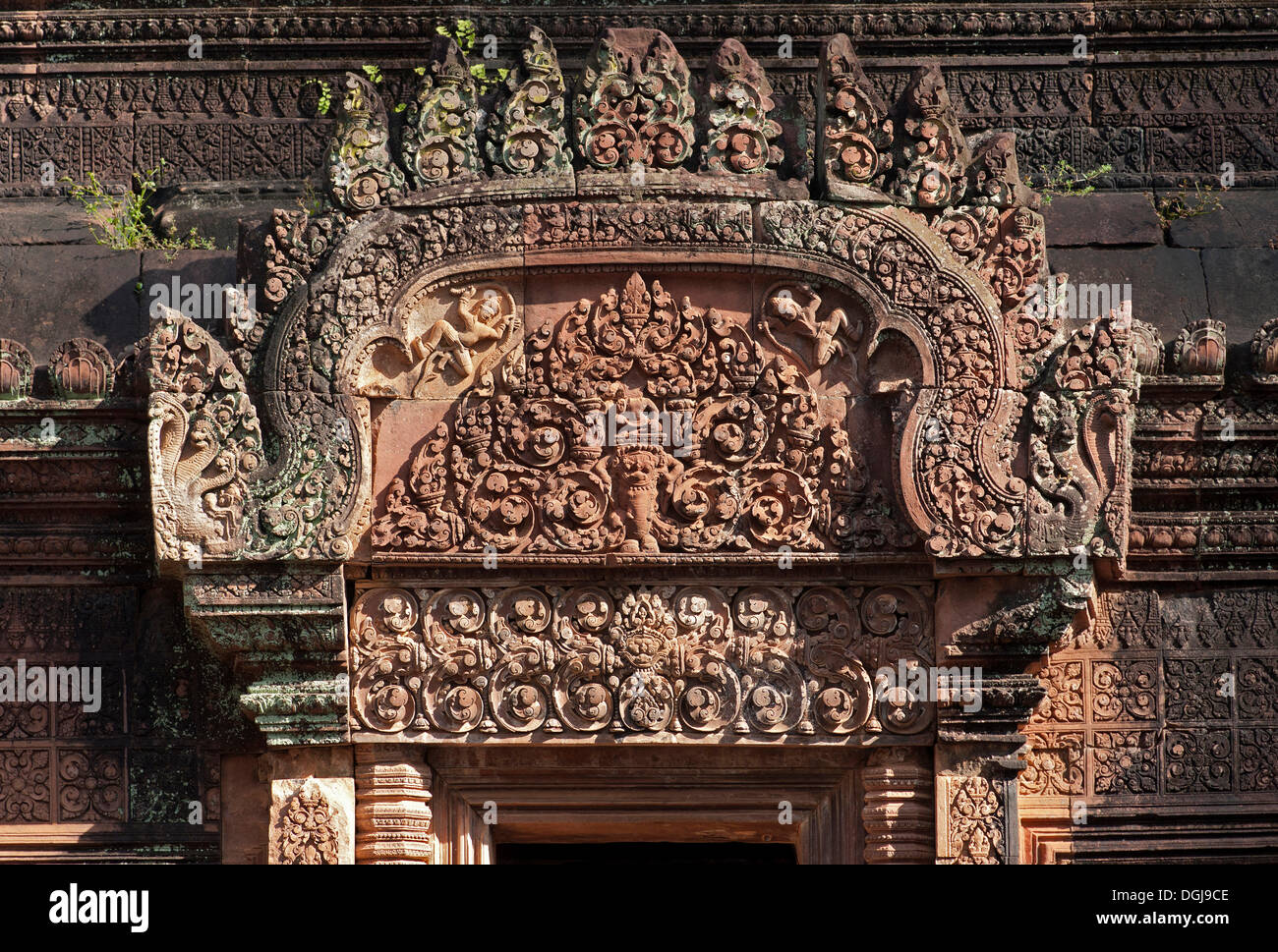Gable ornament depicting Kubera, the God of Wealth, appearing in his capacity as the Guardian of the North, sitting above Rahu Stock Photo