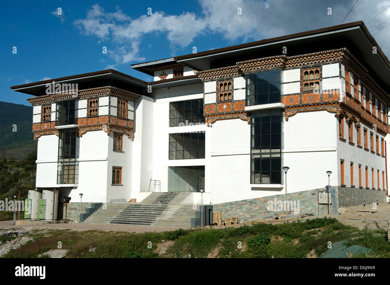 Data center in the traditional Bhutan architectural style in Thimphu Tech Park, the first center for computer technology in Stock Photo
