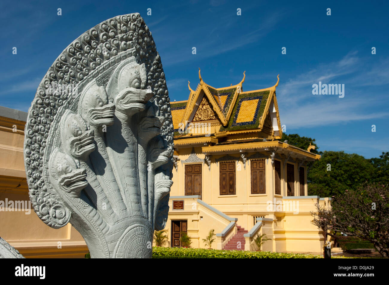 Sculpture of a seven-headed Naga snake in front of the Royal Hor Samran Phirun pavilion on the grounds of the Royal Palace Stock Photo