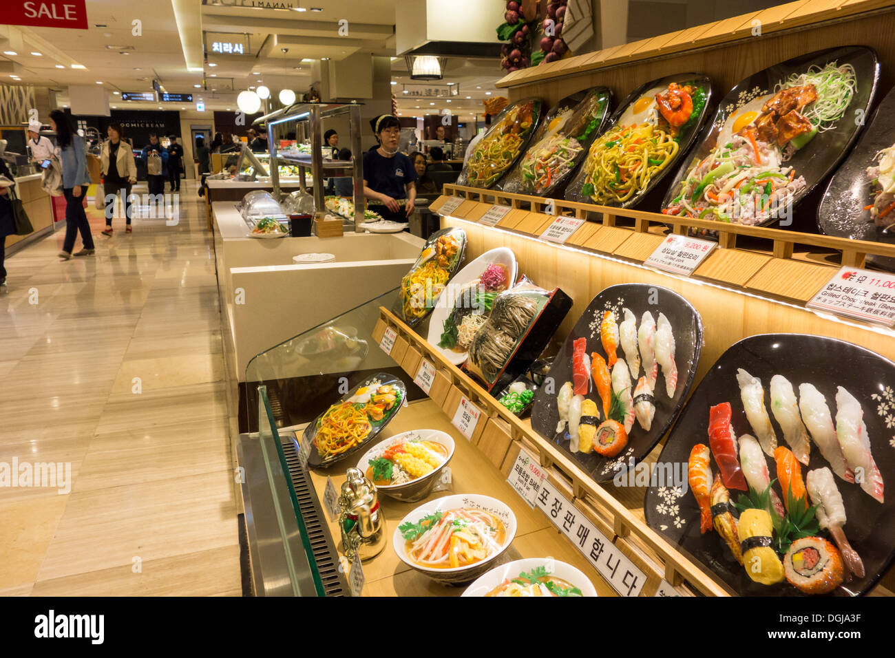 Display of sample dishes made from wax of restaurant in food court, Seoul, Korea Stock Photo