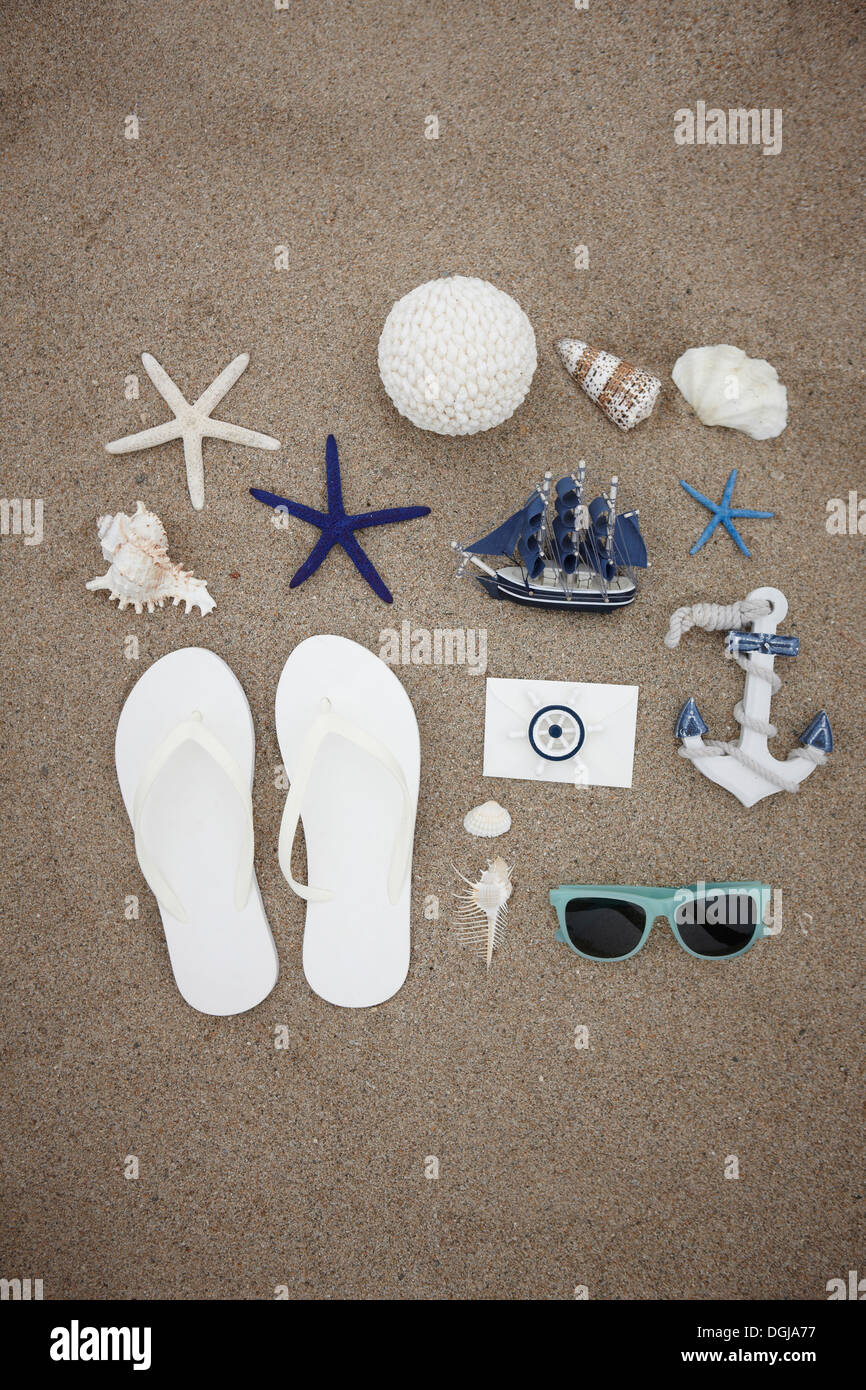 several different items on the beach Stock Photo
