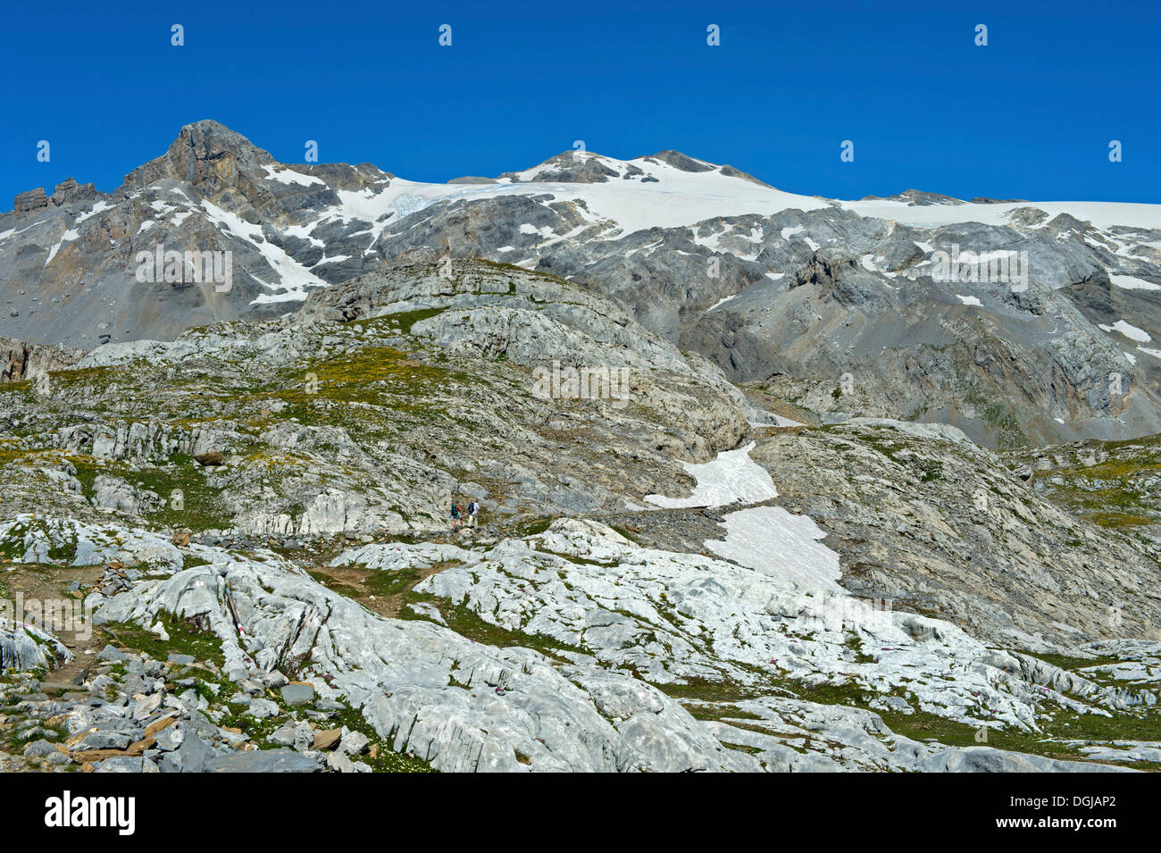 Hikers in the rocky terrain below the summit of Wildhorn Mountain, Bernese Alps, Canton of Valais, Switzerland Stock Photo