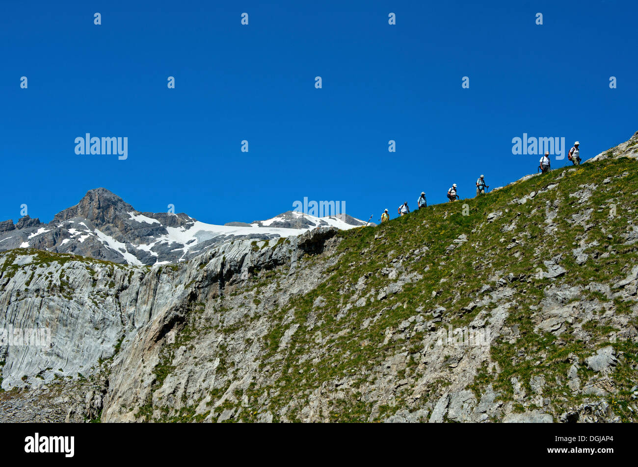 Hikers below the summit of Wildhorn Mountain, Bernese Alps, Canton of Valais, Switzerland Stock Photo