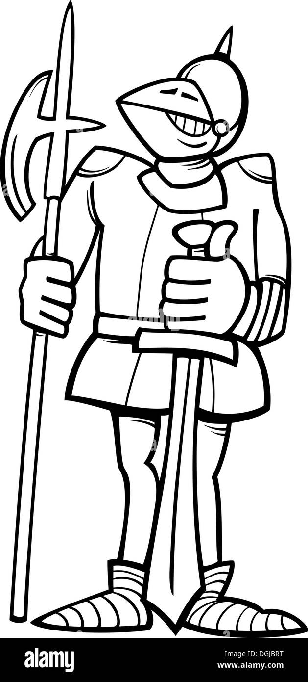 Black and White Cartoon Illustration of Funny Knight in Armor with Sword and Halberd for Coloring Book Stock Photo