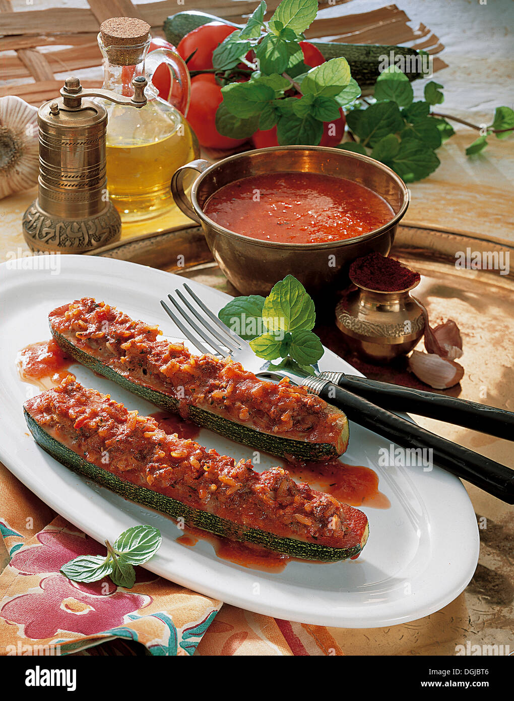 Courgetts in tomato sauce, Tunisia. Stock Photo