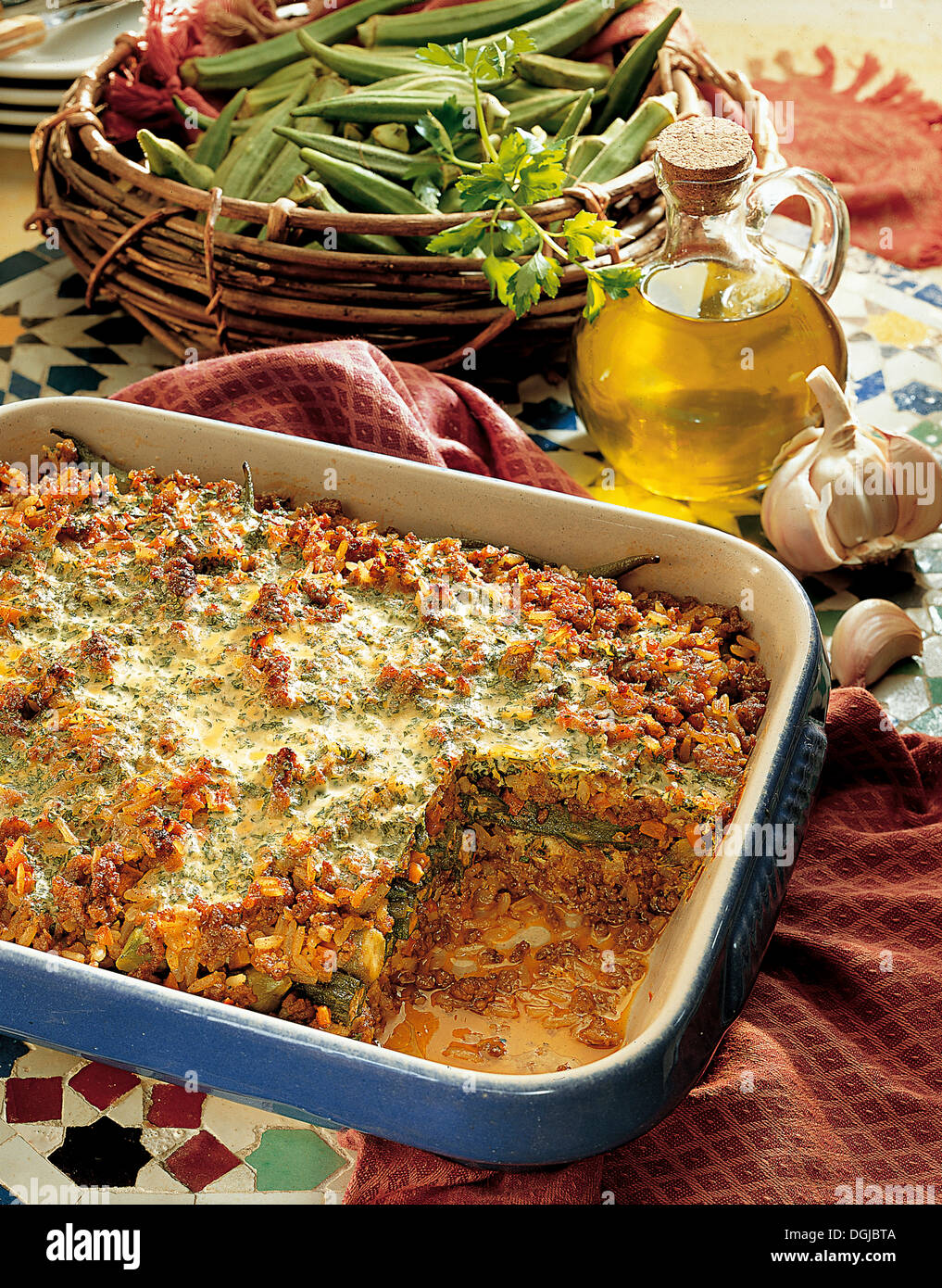Meat bake with okra, Morocco, recipe availabe for a fee Stock Photo