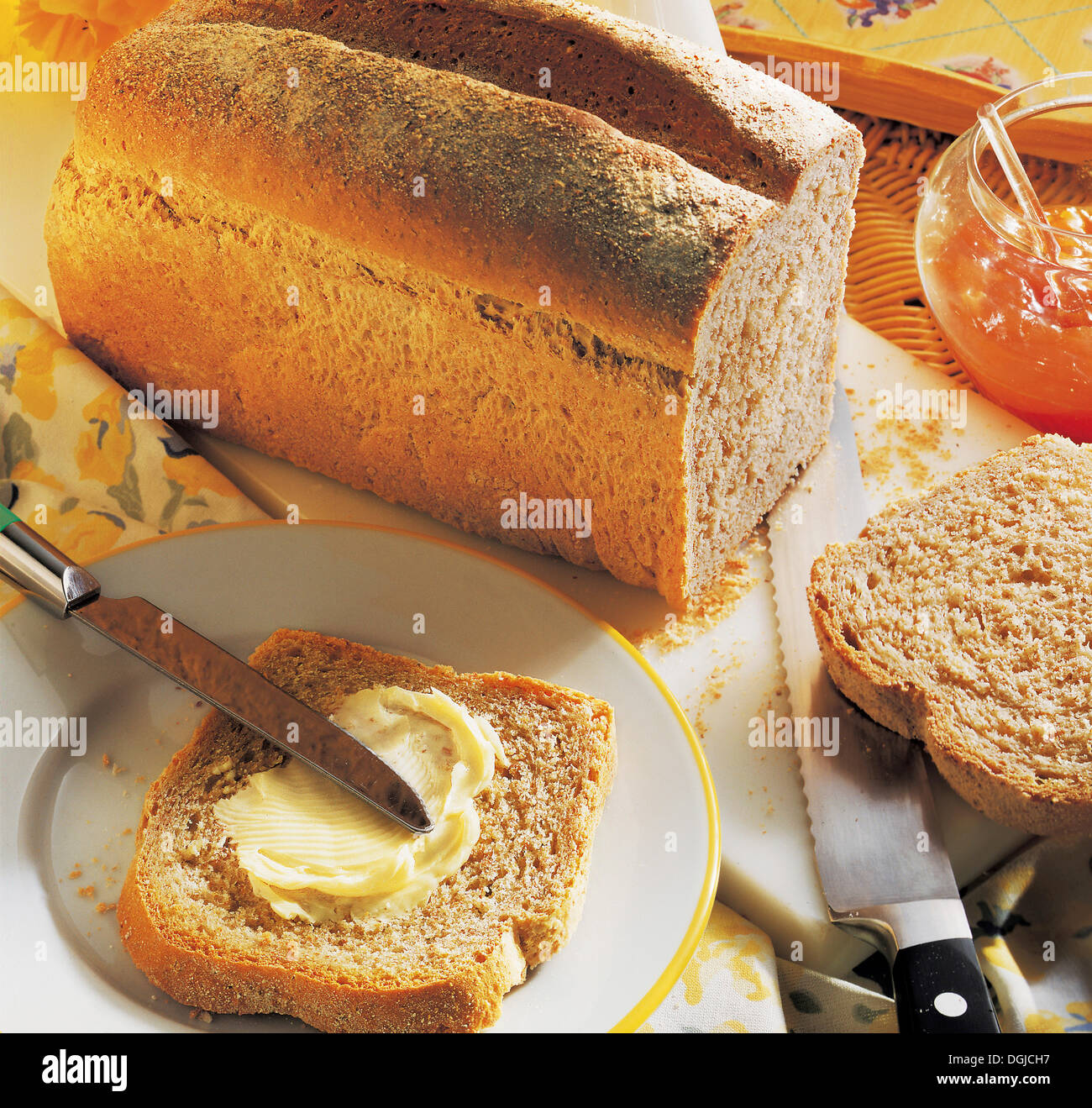 Hearty whole meal bread, tin loaf, New Zealand. Stock Photo