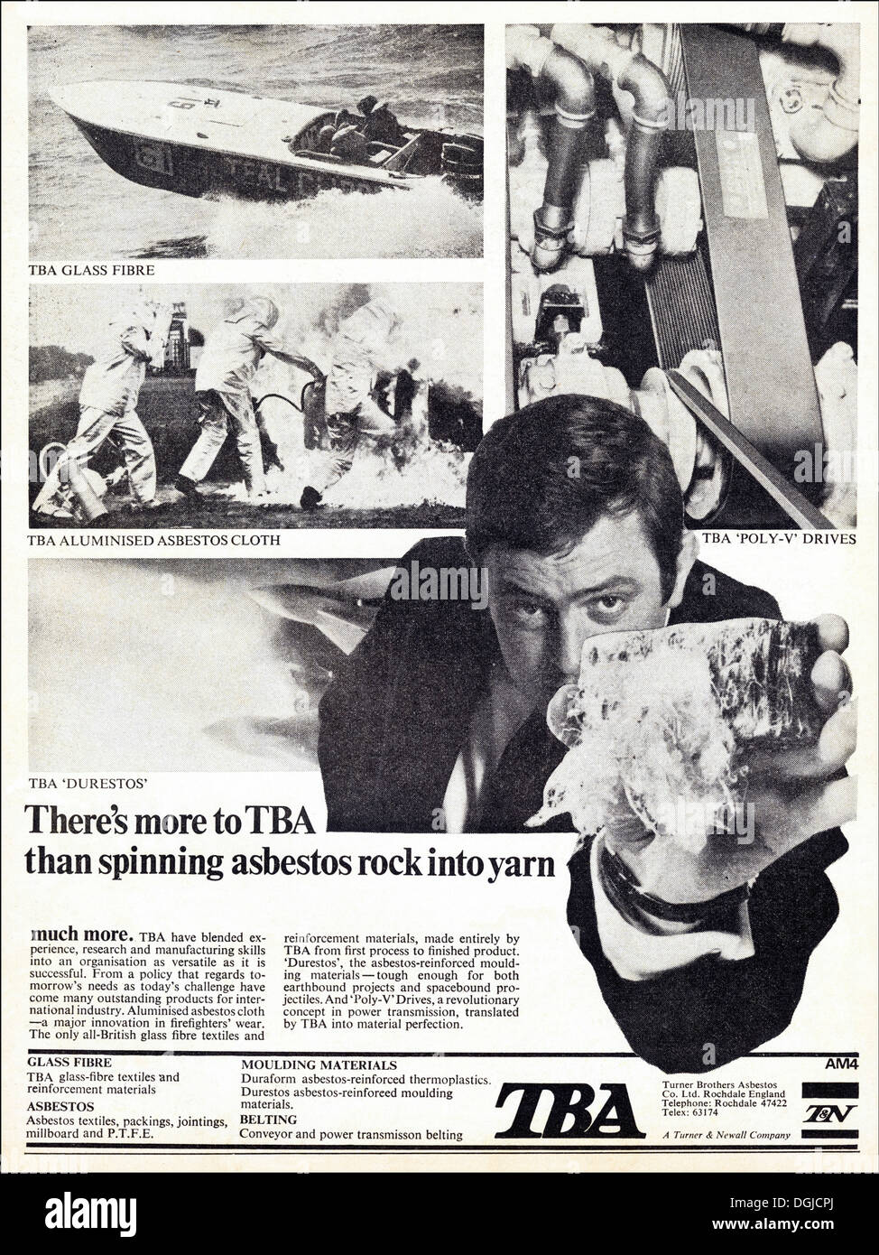Advertisement advertising TBA TURNER BROTHERS ASBESTOS manufacturers  magazine advert circa 1968 Stock Photo - Alamy