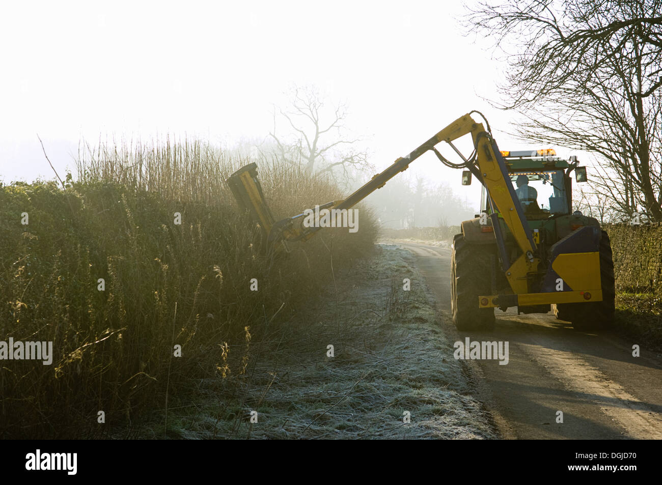 Tractor cutting hedge along country road Stock Photo
