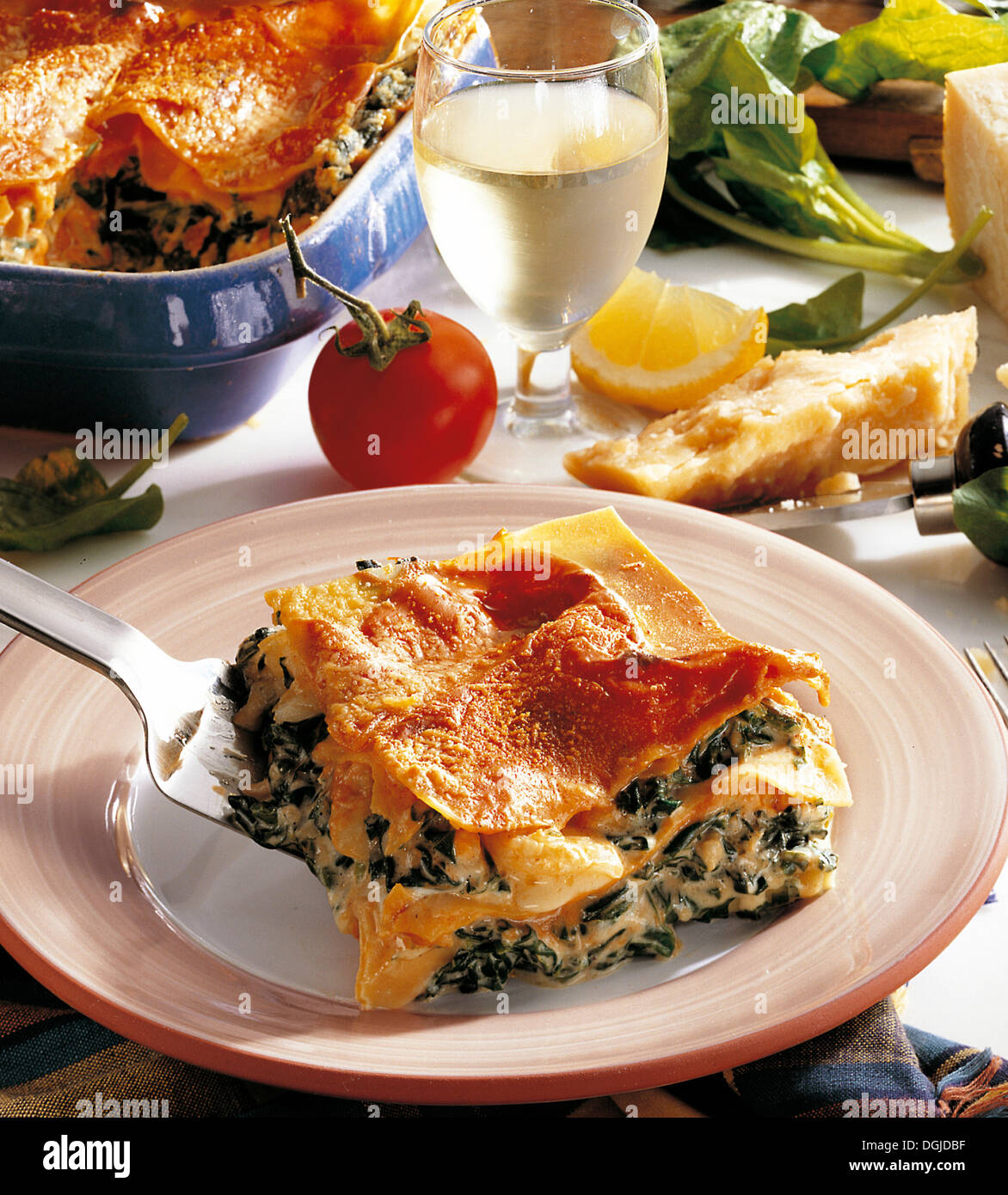 Lasagna with fish and spinach, Italy. Stock Photo