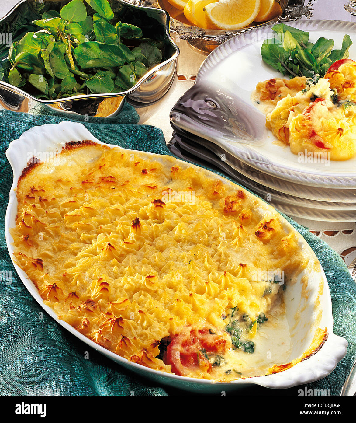 Cod casserole covered with layer of potato, Great Britain. Stock Photo