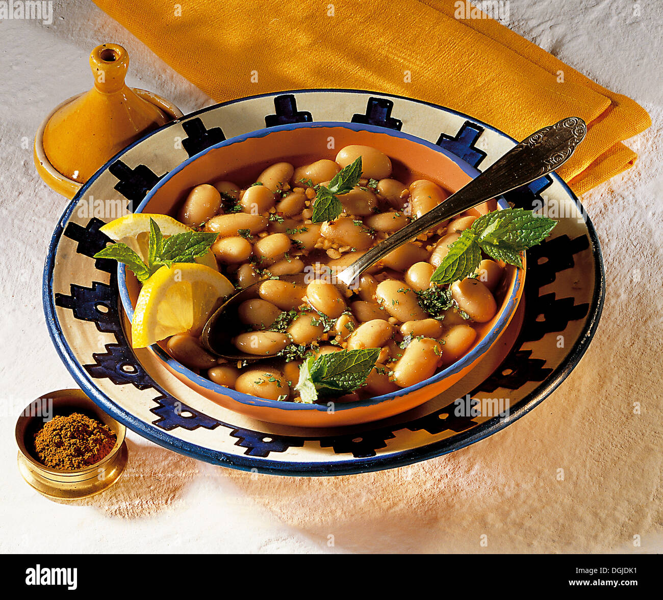 Bean soup with almonds and mint, vegetarian stew, Morocco. Stock Photo
