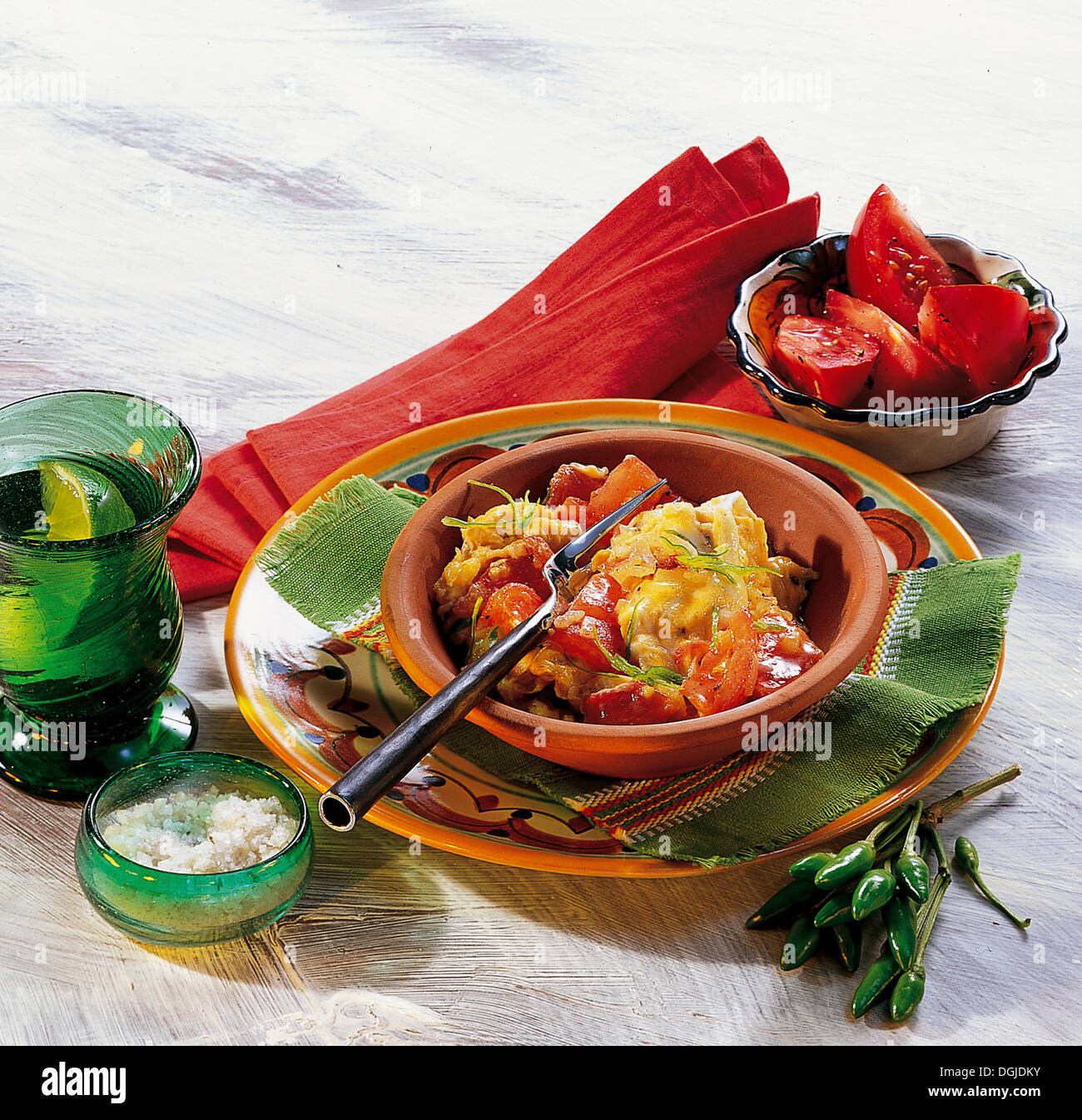 Scrambled eggs with chilli and tomatoes, Mexico. Stock Photo