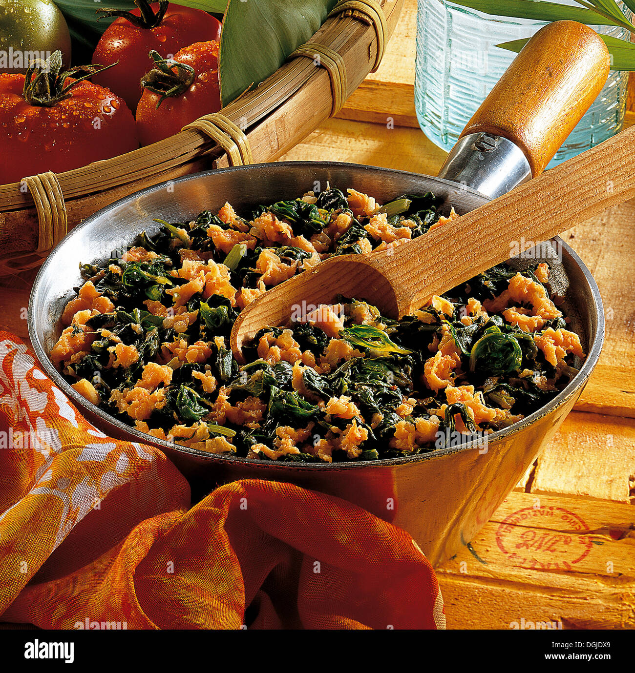 Brazilian spinach pan dish with shrimps, Brazil. Stock Photo