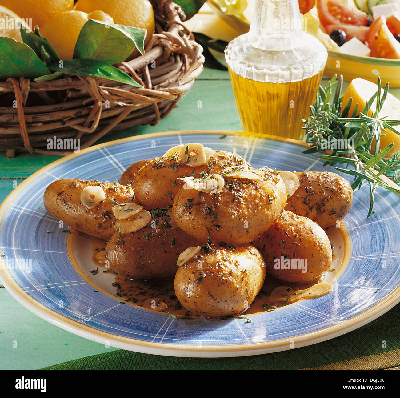 Lemongarlicpotatoes, small potatoes fried in olive oil, simmered in broth, seasoned with lemon