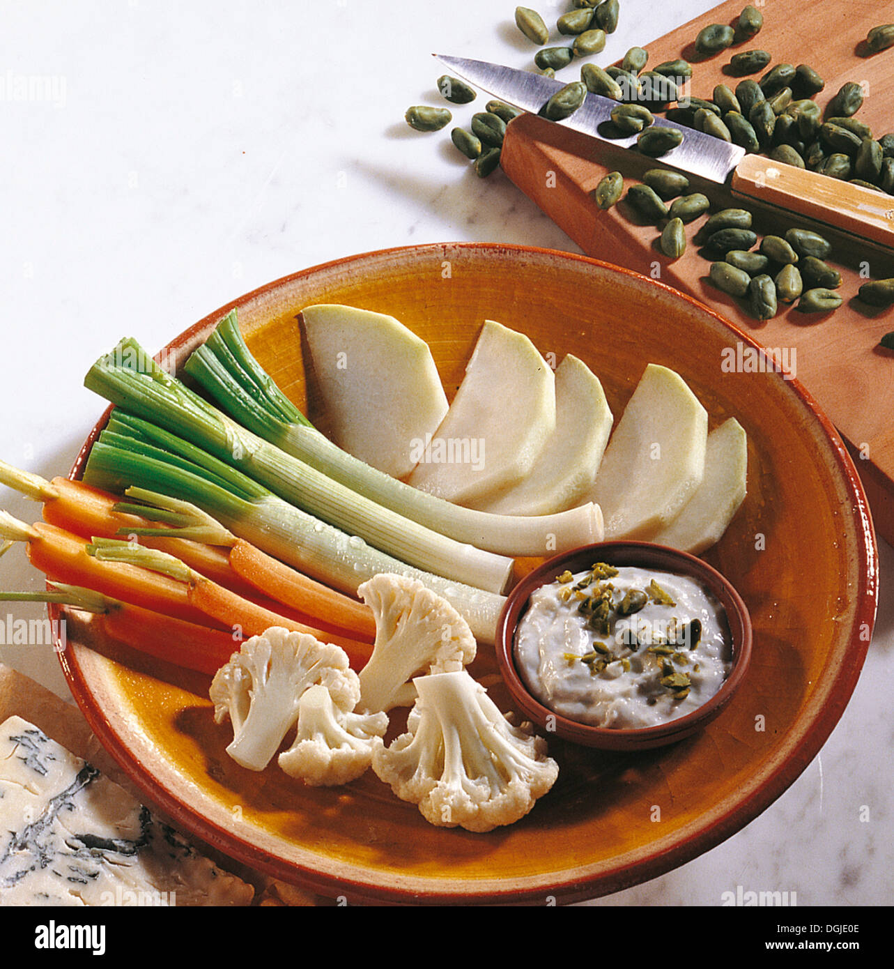 Spring vegetables with mascarpone and gorgonzola dip, Italy. Stock Photo
